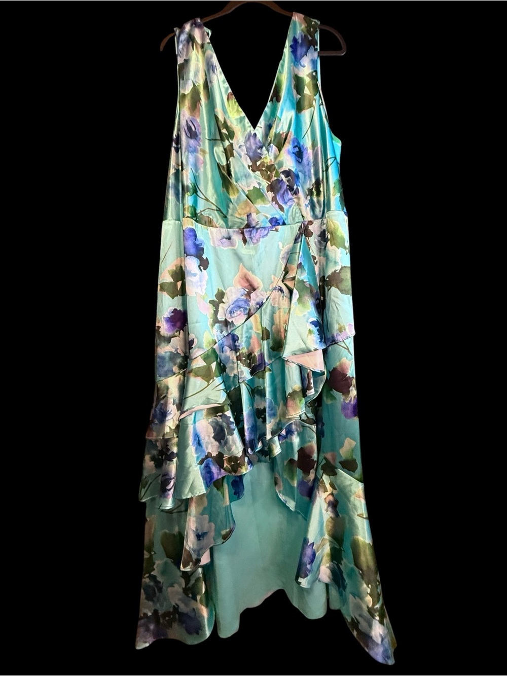Eliza J Aqua Blue Teal Watercolor Floral Printed Satin High-Low Midi Dress NWT